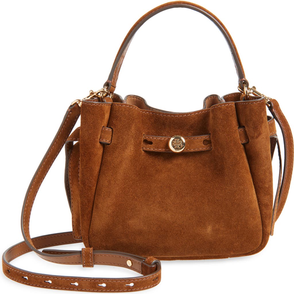 Tory Burch Mini Romy Suede Bucket Bag In Brown