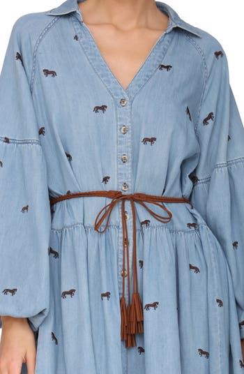 Tie Waist Long Sleeve Chambray Babydoll Dress