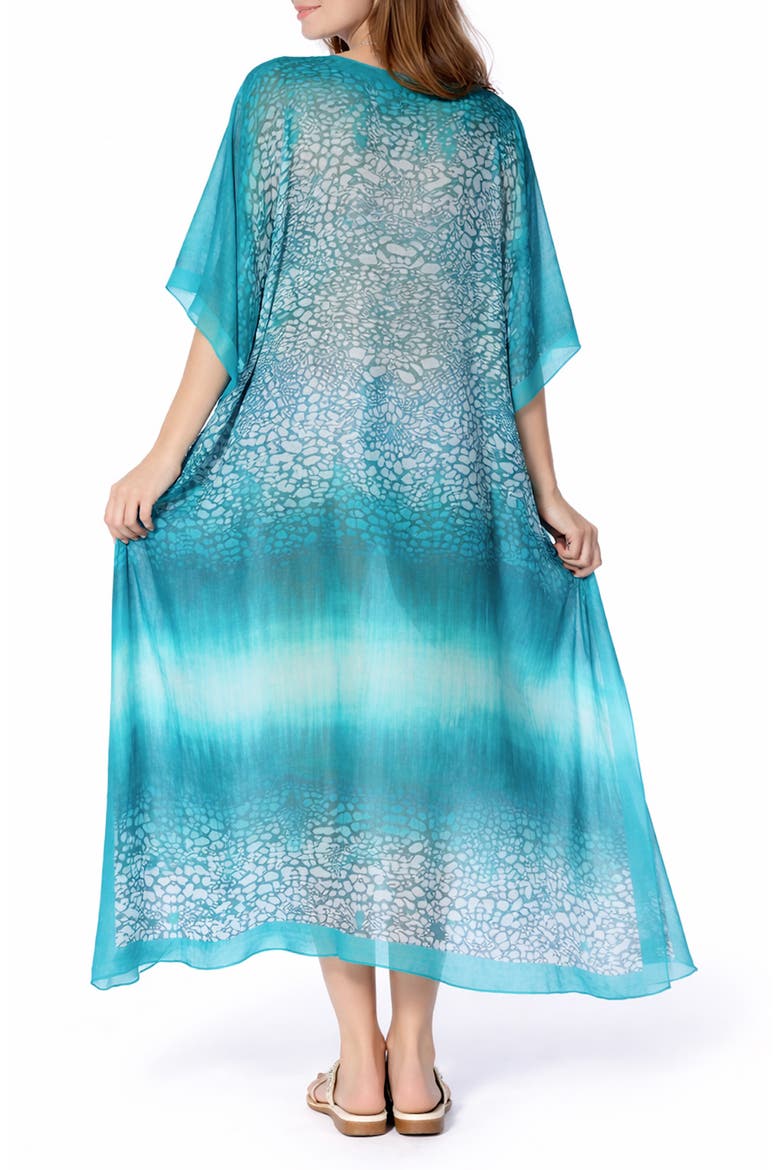 Animal Print V-Neck Maxi Caftan, Alternate, color, AQUA BLUE