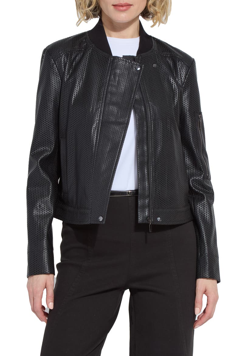 Millicent Perforated Faux Leather Bomber Jacket, Main, color, BLACK