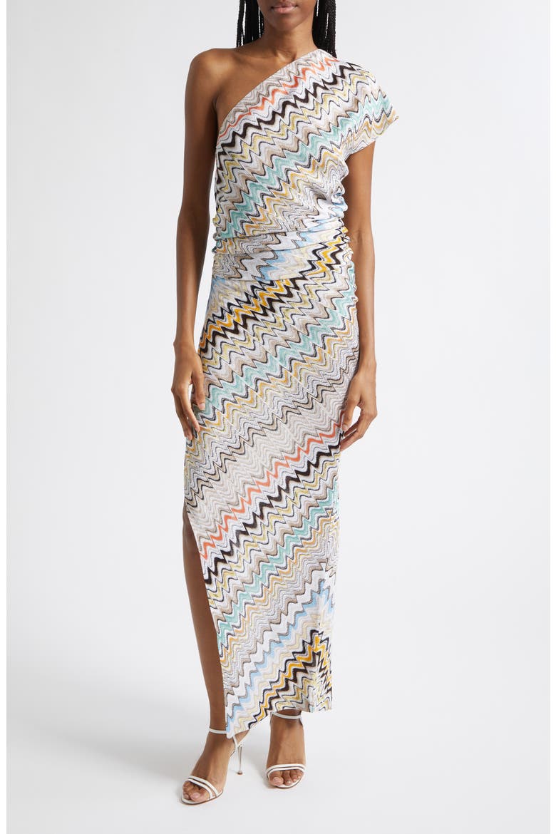 Stripe One-Shoulder Crochet Knit Maxi Dress, Main, color, SMSNN-MULTICOLOR BEIGE LT BS