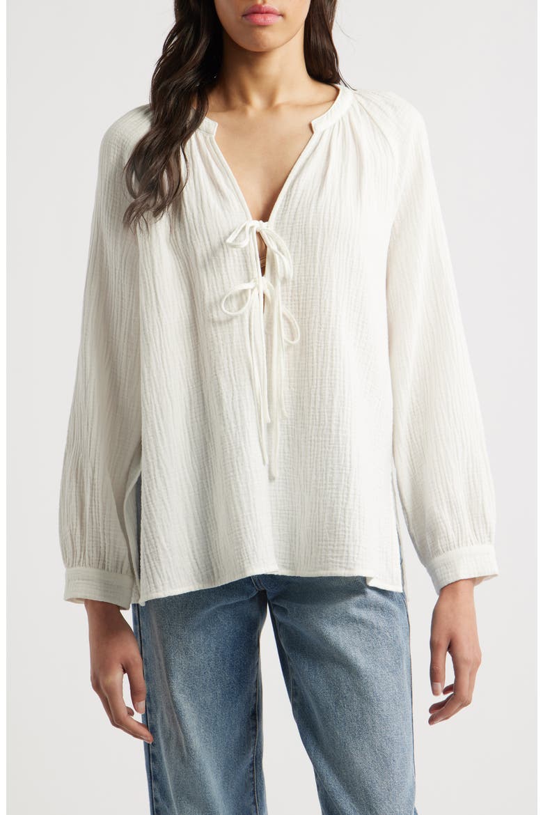 Brielle Organic Cotton Gauze Tie Neck Top, Main, color, WHITE