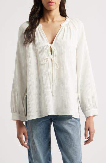 Rails Brielle Organic Cotton Gauze Tie Neck Top In White