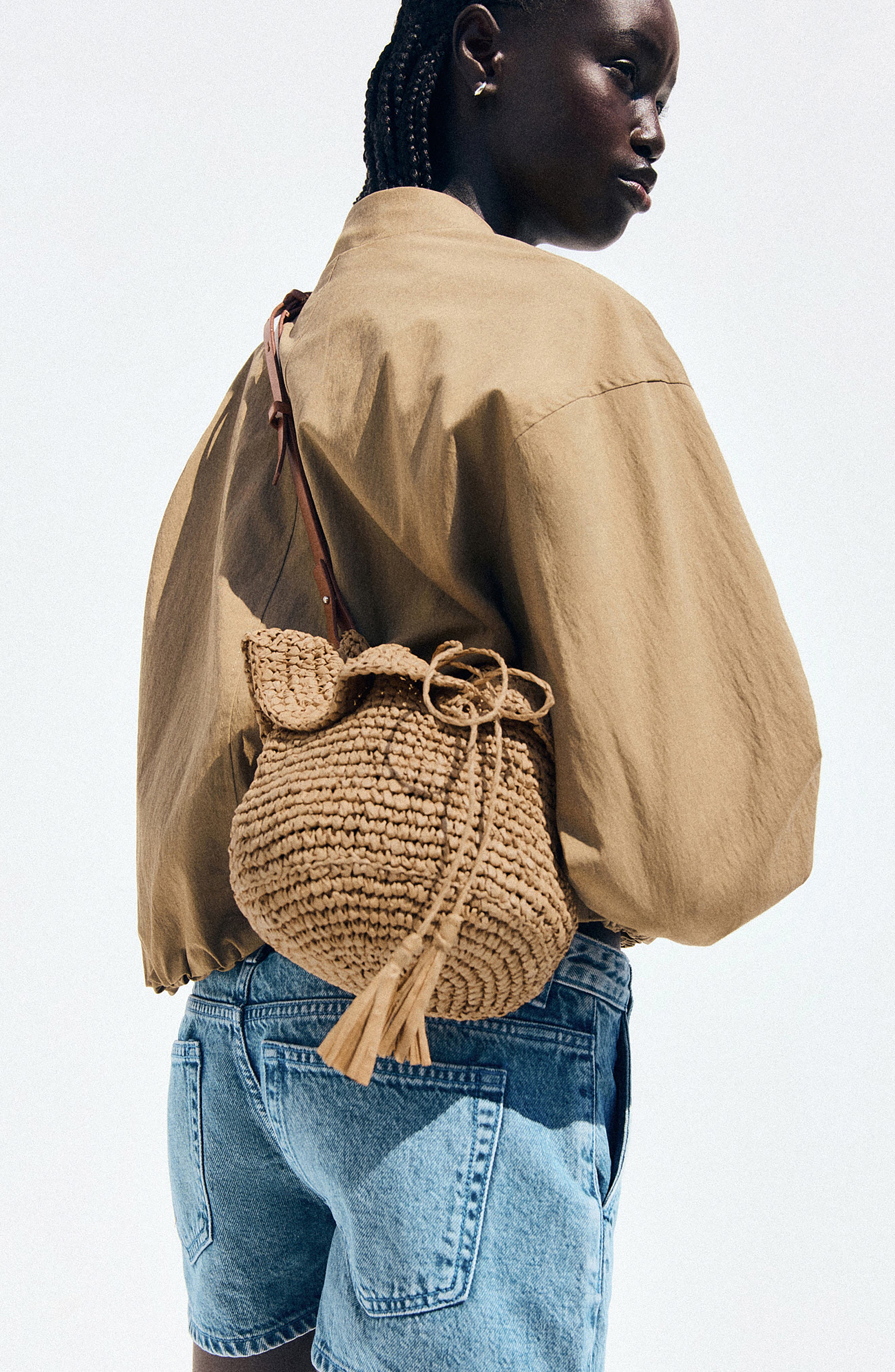 Straw Bucket Bag, Alternate, color, BROWN