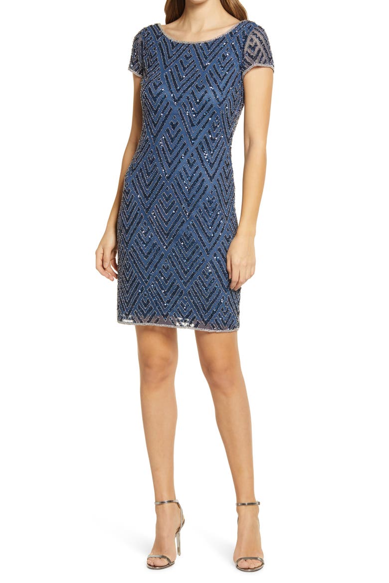 Chevron Sequin Sheath Dress, Main, color, BLUE