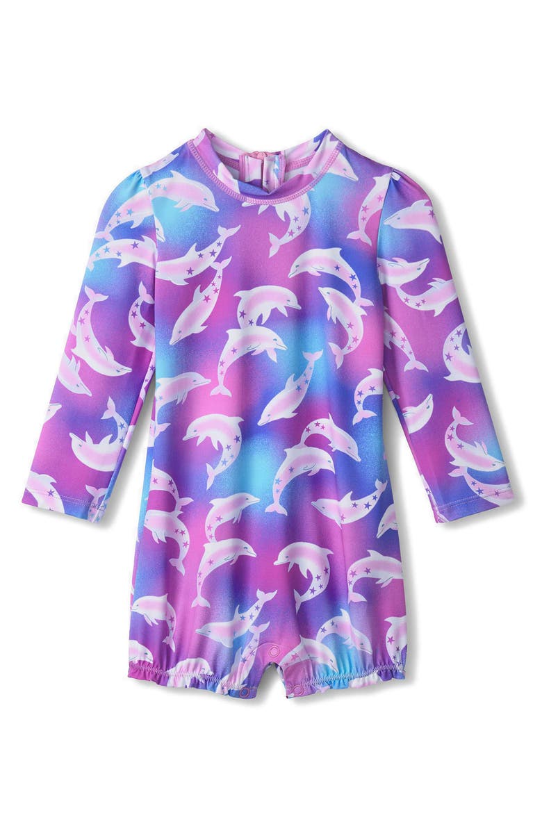 Hatley Airbrush Dolphins Long Sleeve Rashguard Swimsuit, Main, color,