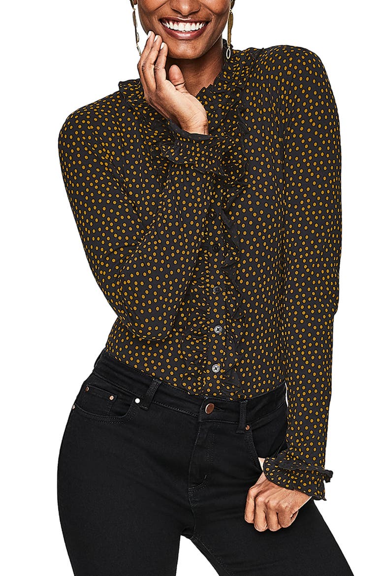 Alberta Polka Dot Ruffle Detail Jersey Shirt, Main, color, BLACK SCATTERED SPOT