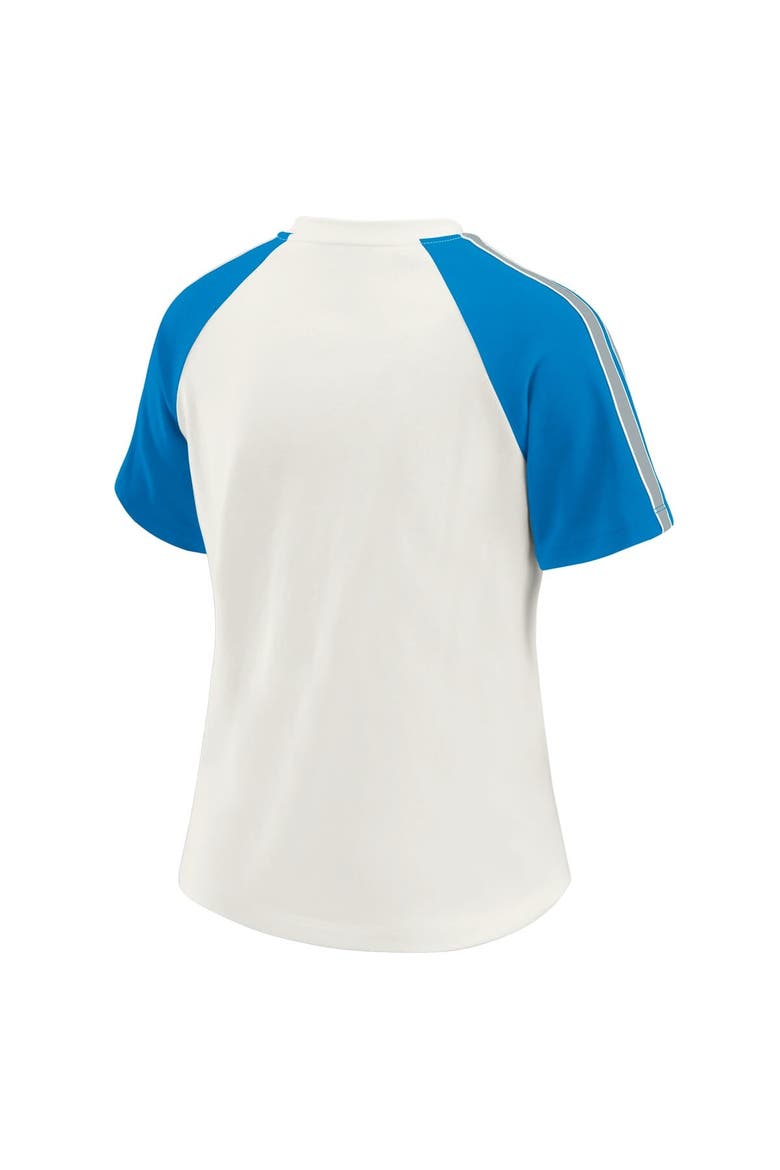 Women's WEAR by Erin Andrews White Detroit Lions Sleeve Stripe Distressed Raglan T-Shirt, Alternate, color, White