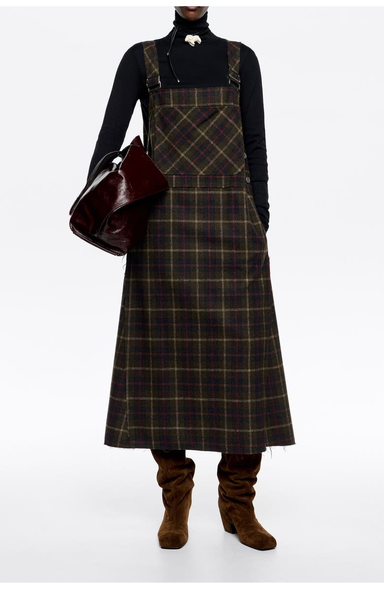 Bimba y Lola Checked Pinafore Dress, Alternate, color, Dark Khaki