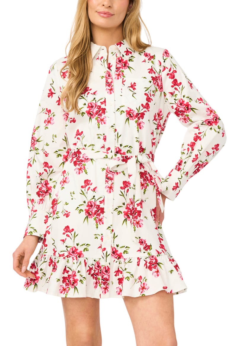 Ruffle Floral Print Tie Waist Dress, Alternate, color, EGRET
