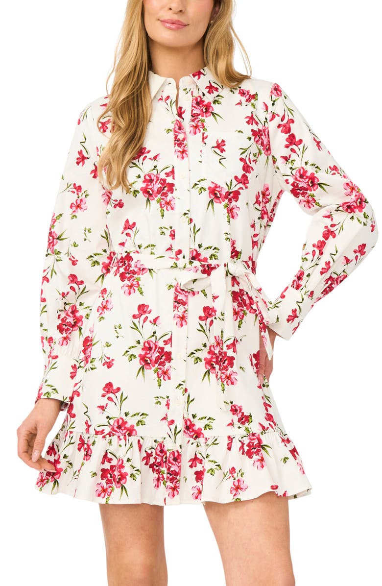 CeCe Ruffle Floral Print Tie Waist Dress, Alternate, color, Egret