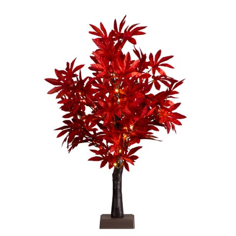 2-ft Pre-Lit Red Autumn Maple Artificial Fall Tree with 50 Warm White LED Lights and Detachable Base