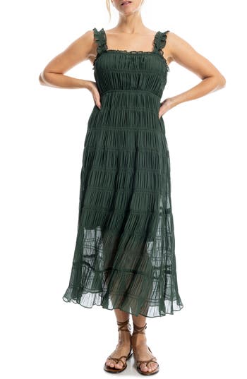 Max Studio Ruffle Shirred Georgette Midi Dress In Green