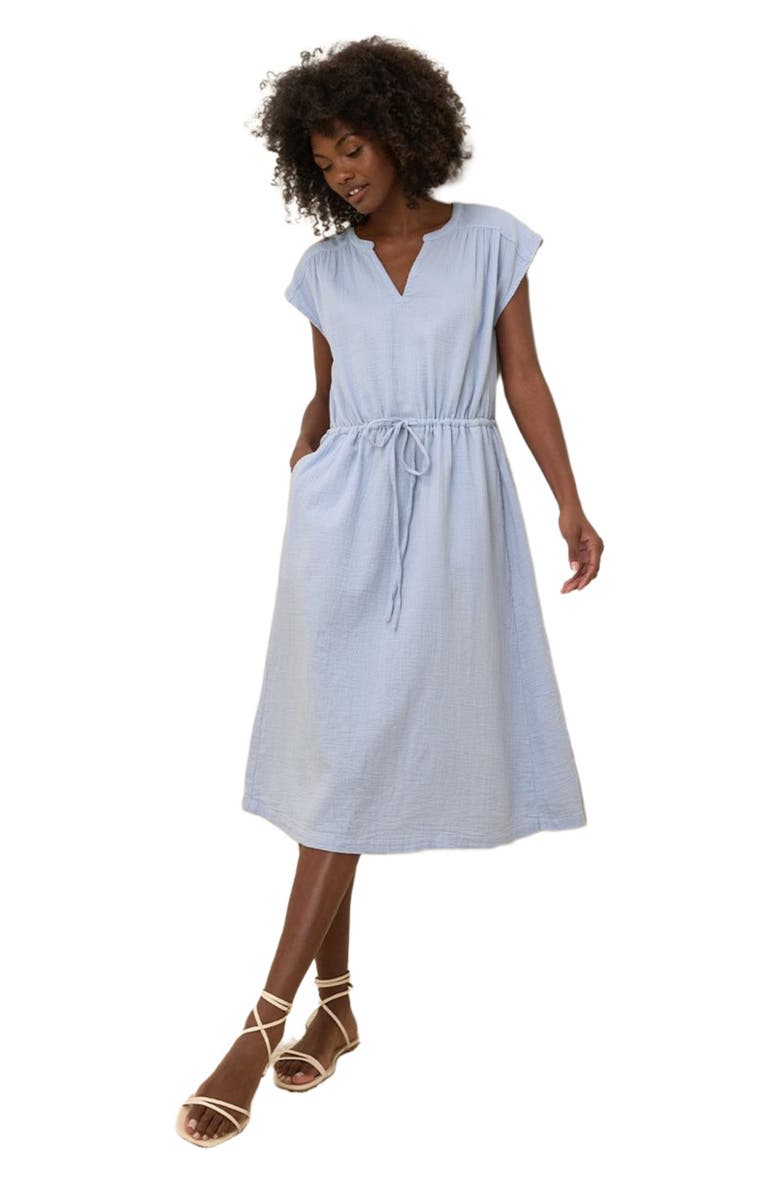 Pact Organic Cotton Coastal Double Gauze Tie Waist Midi Dress, Alternate, color, Cornflower Blue