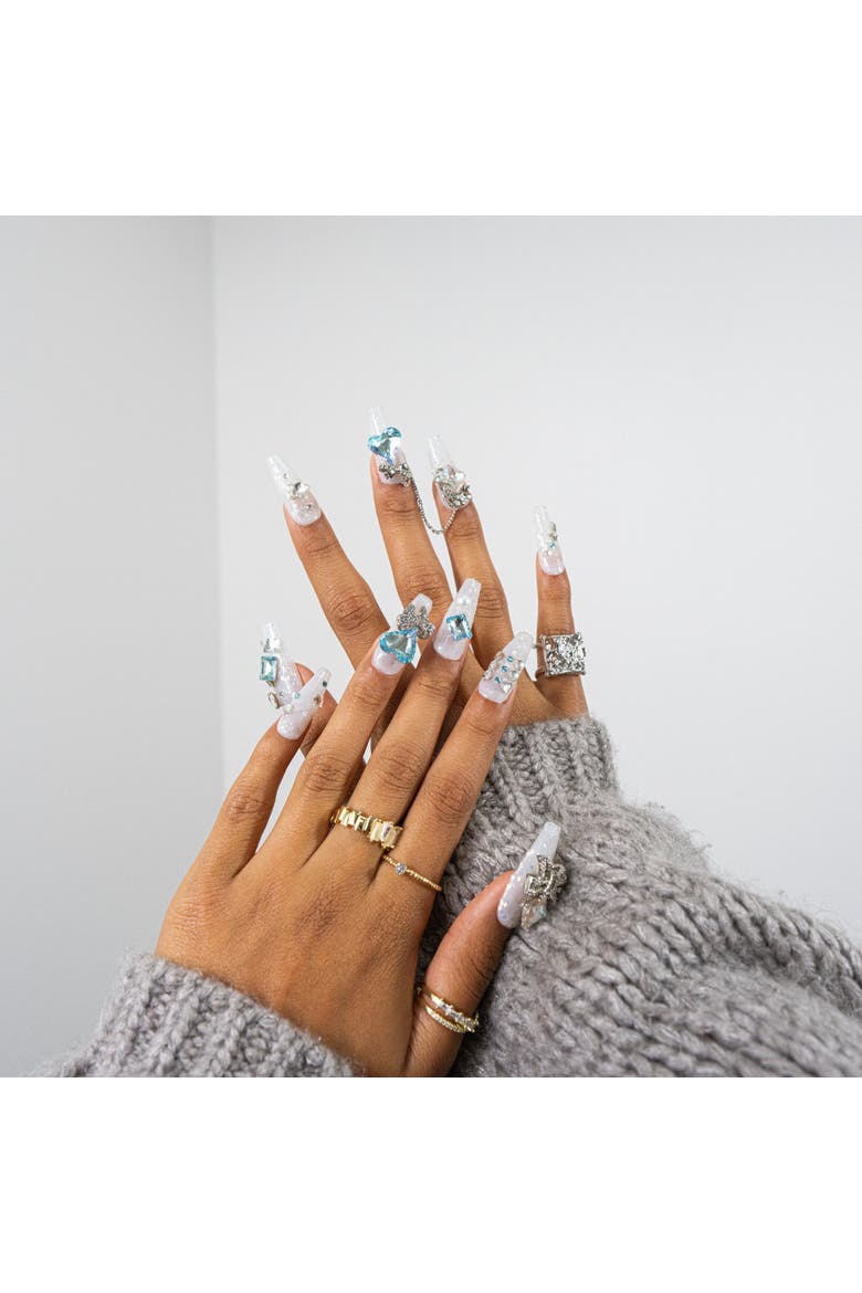 Crystal Blue Glam Luxury Handmade Press On Nails, Alternate, color, White, Teal