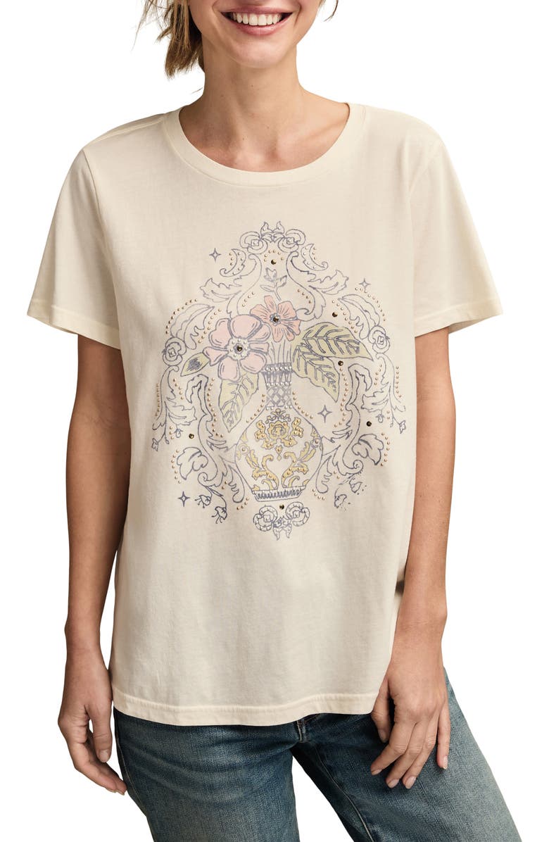 Lucky Brand Beaded Floral Vase Cotton Graphic T-Shirt, Main, color, Canoli Cream
