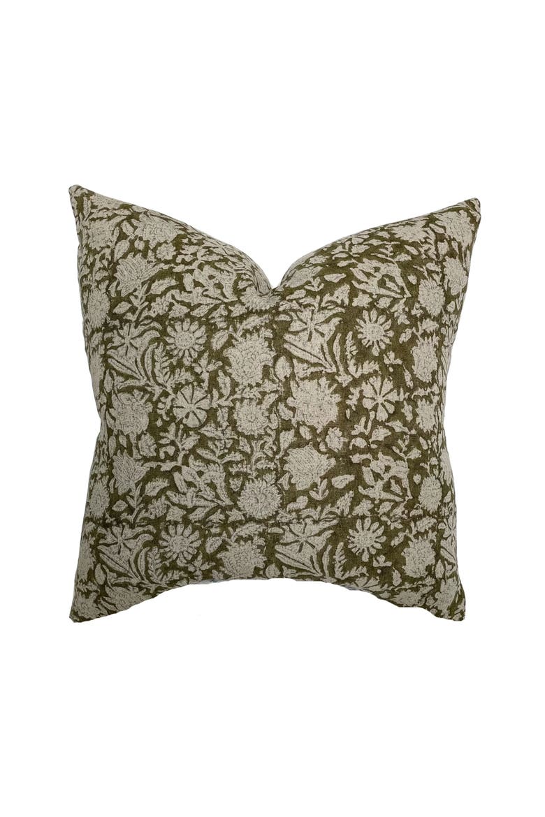 Sienna Dark Olive Floral Handblock Pillow Cover, Main, color, Dark Olive