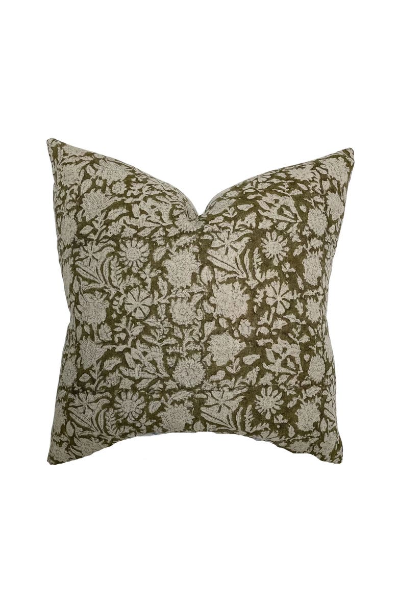 Linen & James Sienna Dark Olive Floral Handblock Pillow Cover, Main, color, Dark Olive