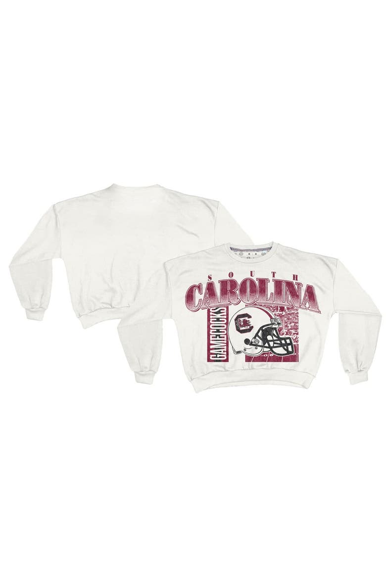 Women's Pressbox White South Carolina Gamecocks Oversized Janice Retro Waist-Length Sweatshirt, Main, color, White
