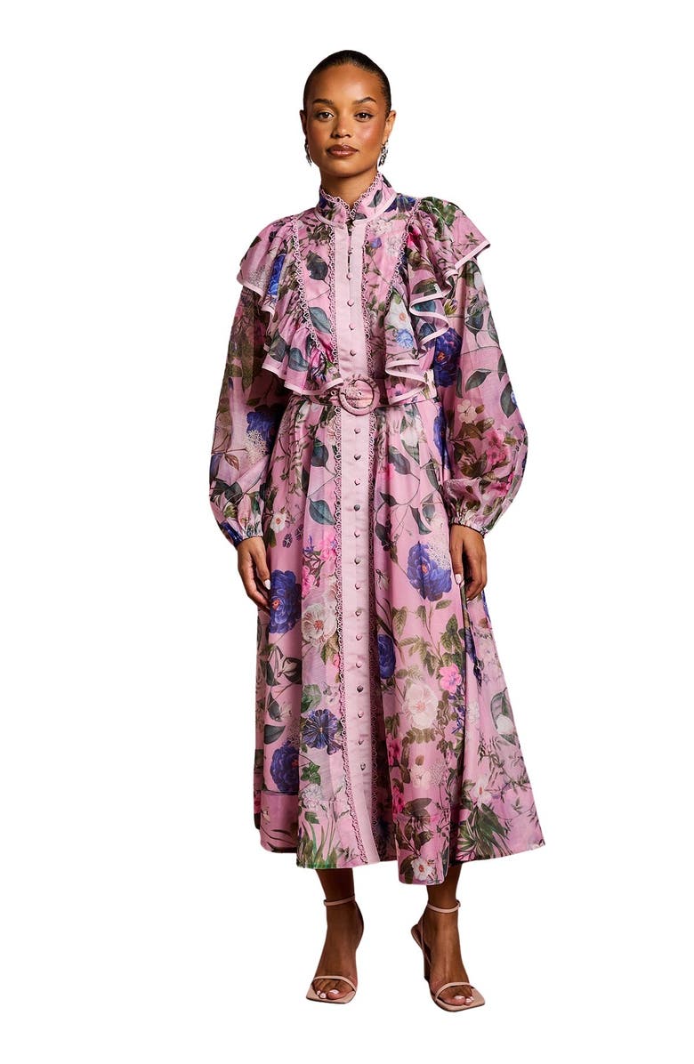 Coast Petite Organza Trim Printed Midi Dress, Main, color, Pink