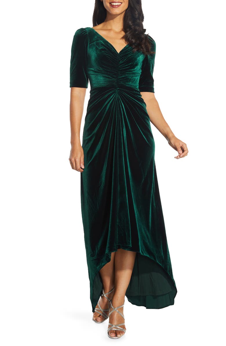 Adrianna Papell Ruched Velvet High-Low Gown, Main, color,