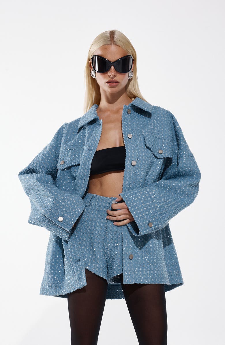 BY.DYLN Sequin Embellished Distressed Denim Jacket, Alternate, color, 