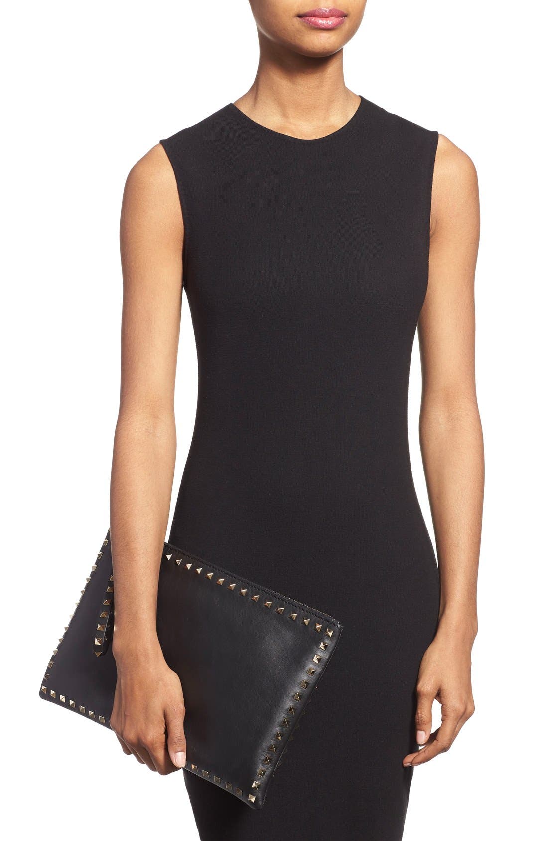 'Rockstud' Leather Clutch, Alternate, color, BLACK