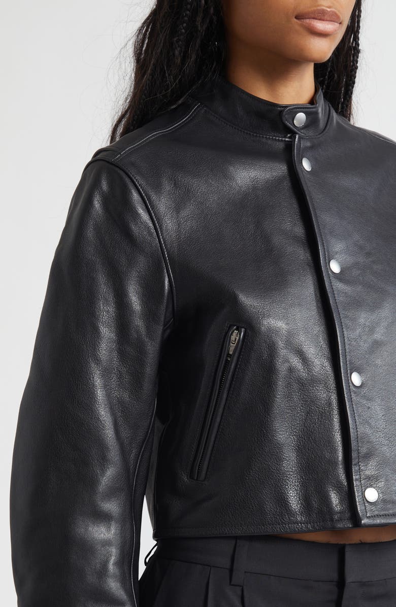 Alexander Wang Curved Sleeve Leather Crop Moto Jacket, Alternate, color, Black