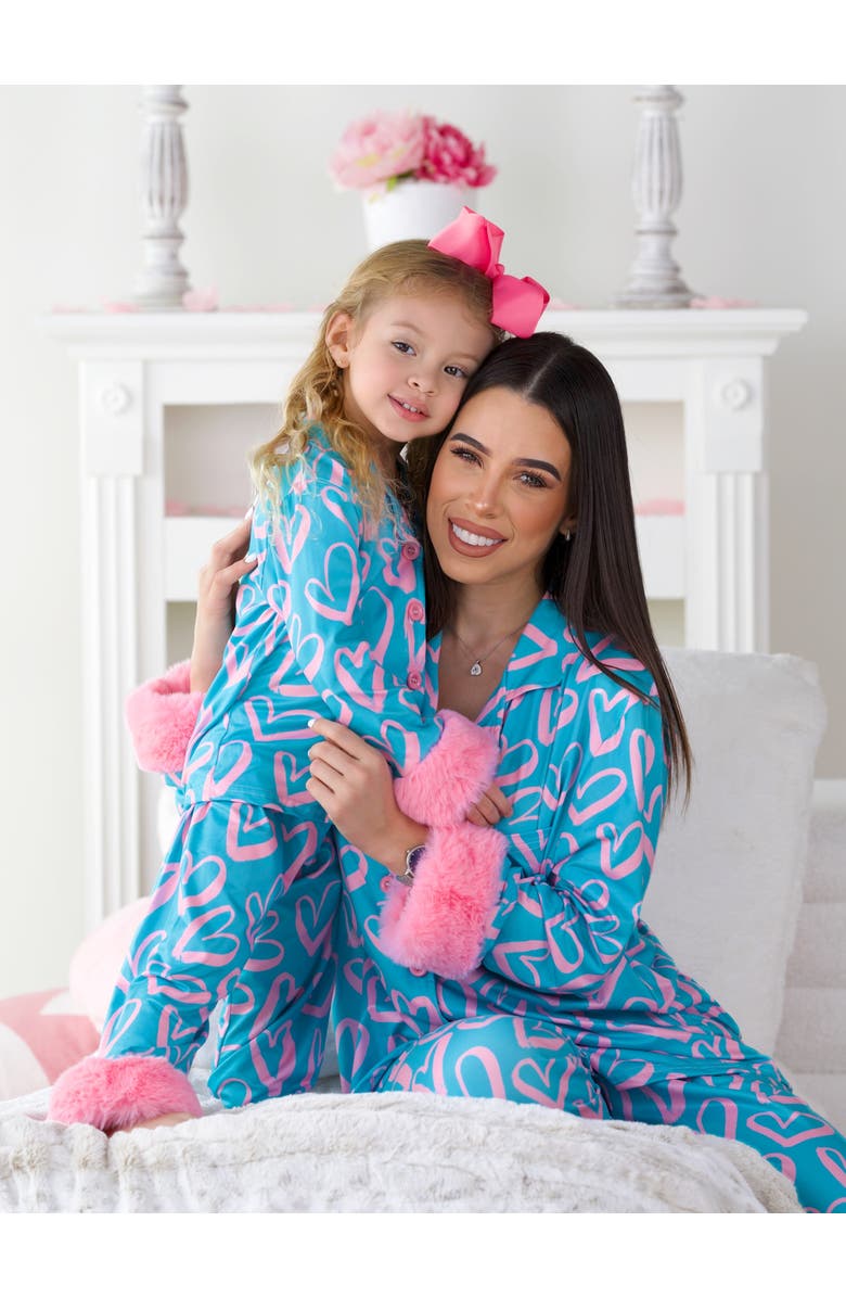 Mia Belle Girls Mommy and Me Heart Furry Pajama Set, Alternate, color, Blue-Green