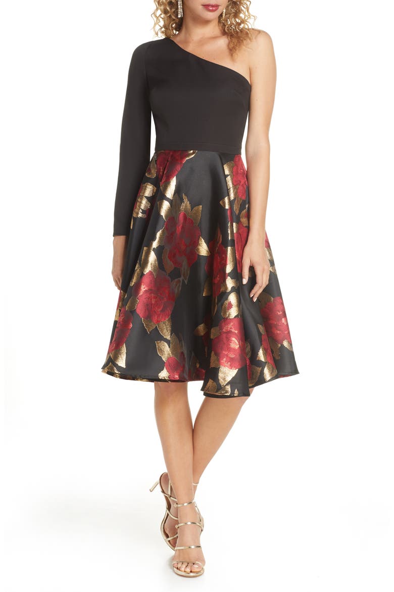 Roslin One-Shoulder Jacquard Cocktail Dress, Main, color, BLACK