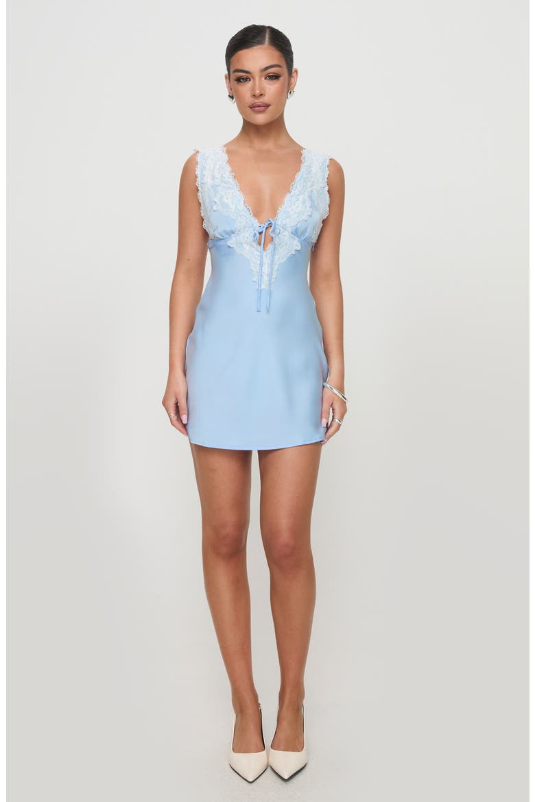 Nourish Lace Trim Satin Minidress, Alternate, color, BLUE