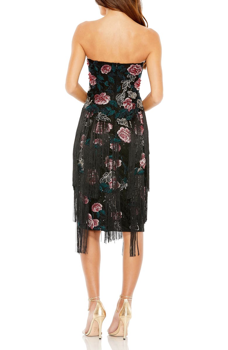 Mac Duggal Strapless Embroidered Midi Dress with Fringe Hem, Alternate, color, Black