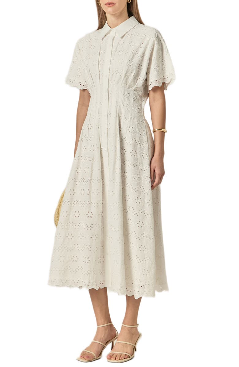 English Factory Eyelet Cinched Waist Midi Shirtdress, Alternate, color, White