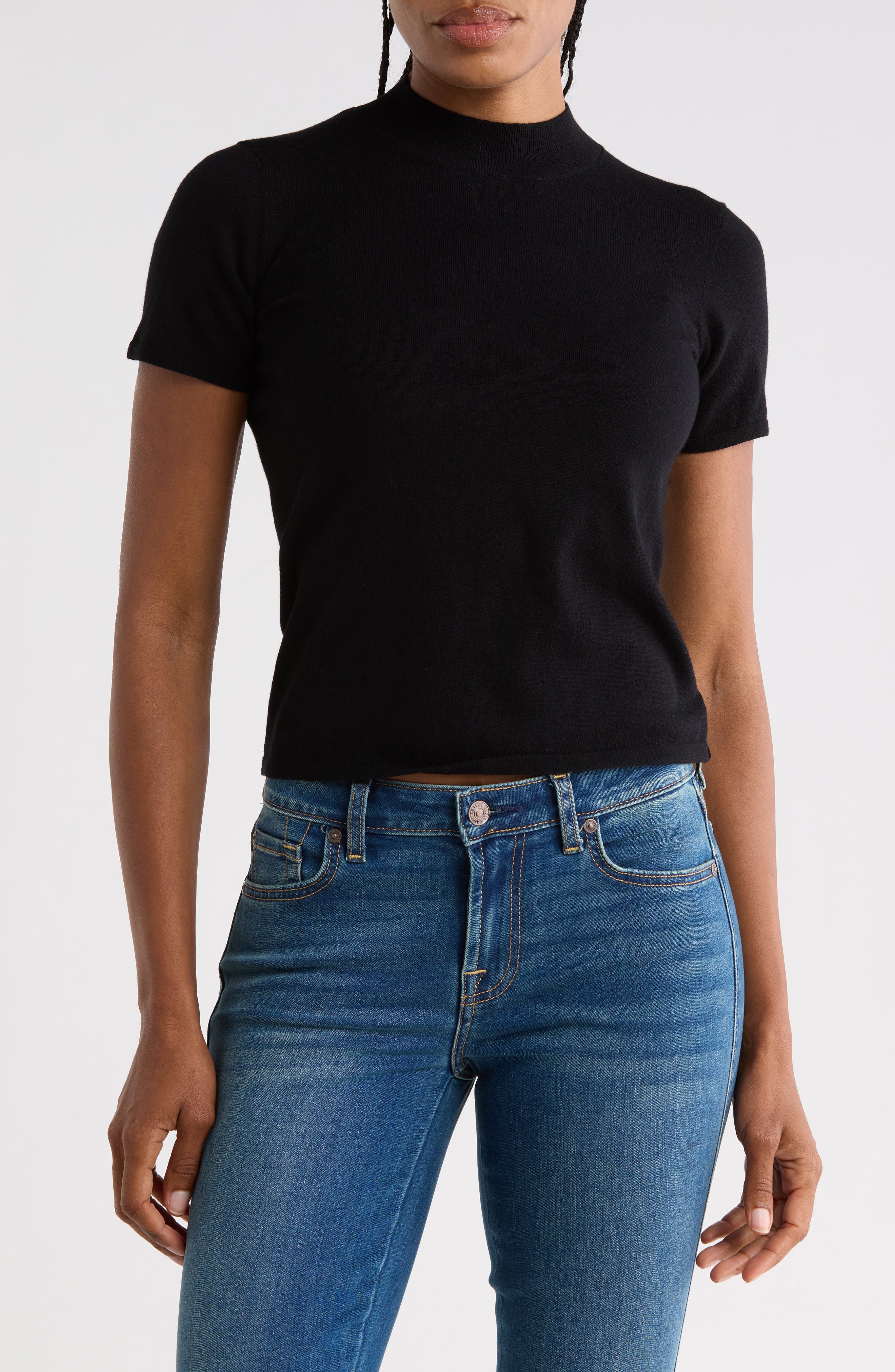 Mock Neck Short Sleeve Cotton & Wool Top