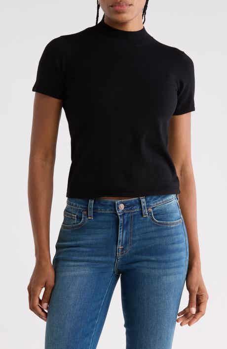 Mock Neck Short Sleeve Cotton & Wool Top