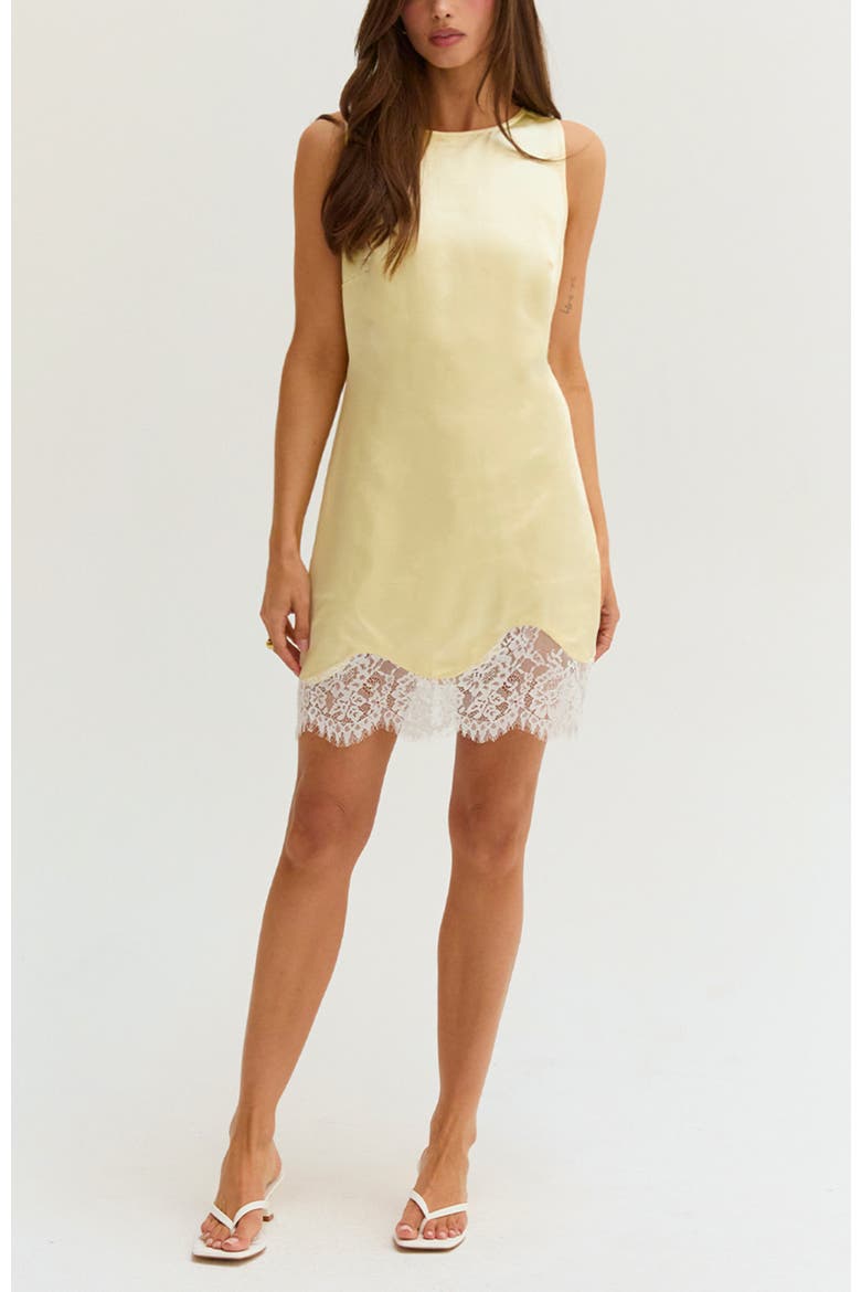 Lace Trim Hem Satin Mini Dress, Alternate, color, Butter