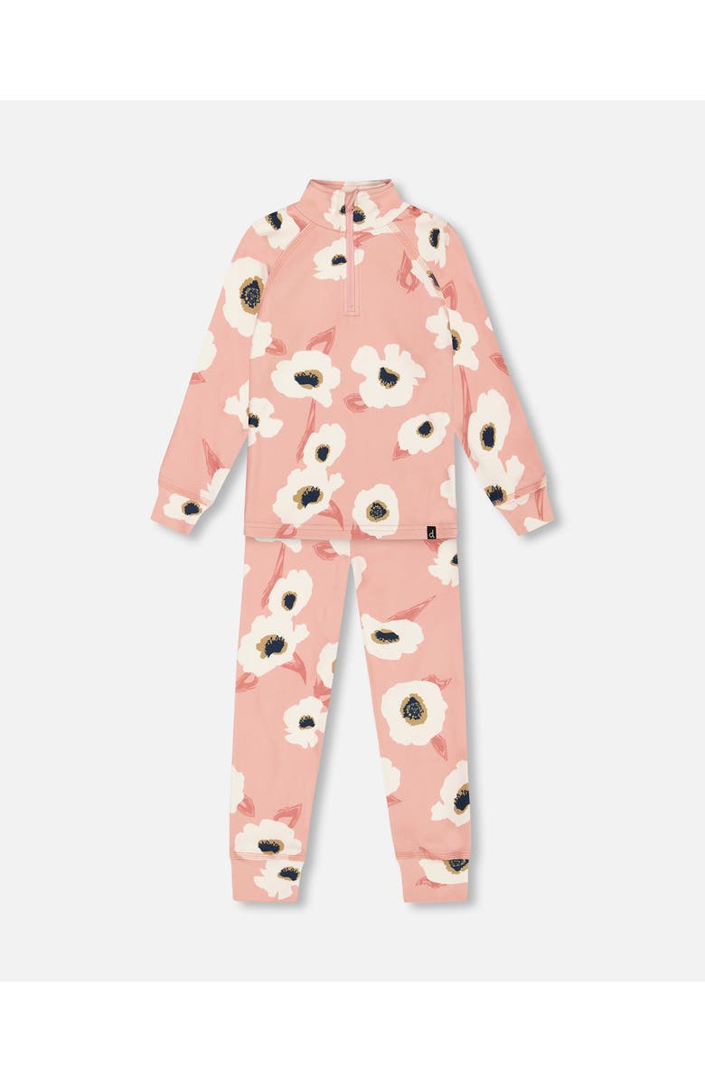 Deux par Deux Little Girl's Two Piece Thermal Underwear Set Pink Printed Off White Flowers, Main, color, 