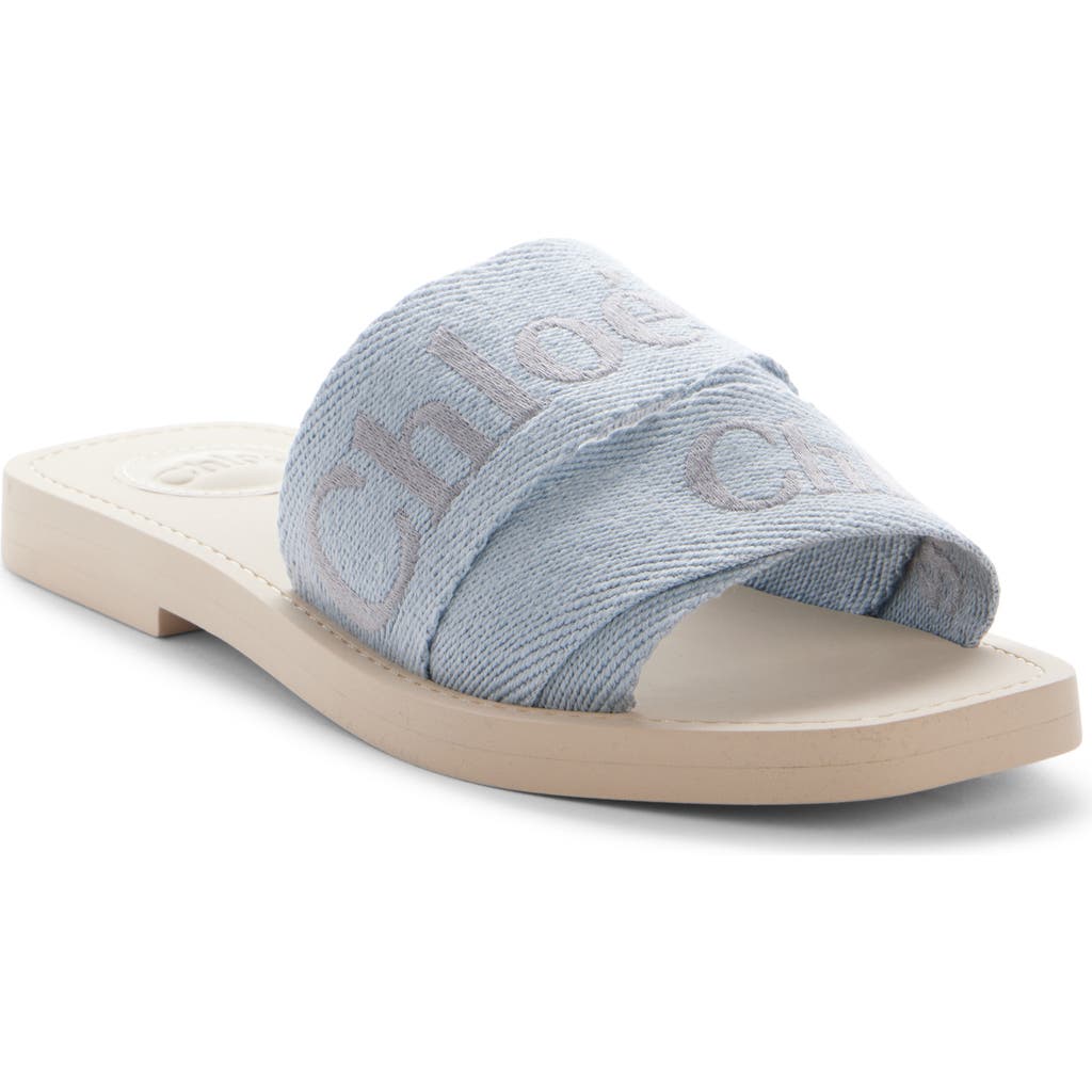 Chloé Womens Chloe Woody Logo-embroidered Linen Mules In Pearl Blue