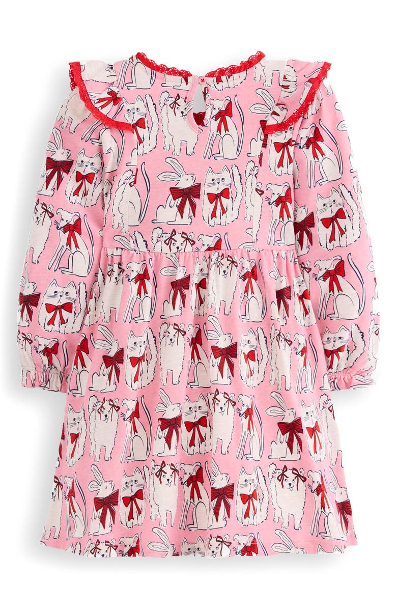Mini Boden Kids' Pets Print Ruffle Long Sleeve Cotton Jersey Dress, Alternate, color, Bubblegum Pink Favourite Pets