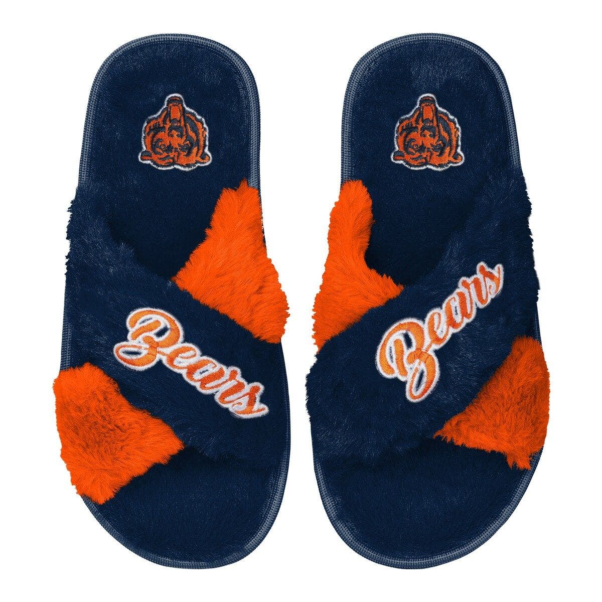 FOCO Women's FOCO Navy Chicago Bears Two-Tone Crossover Faux Fur Slide Slippers, Main, color, 