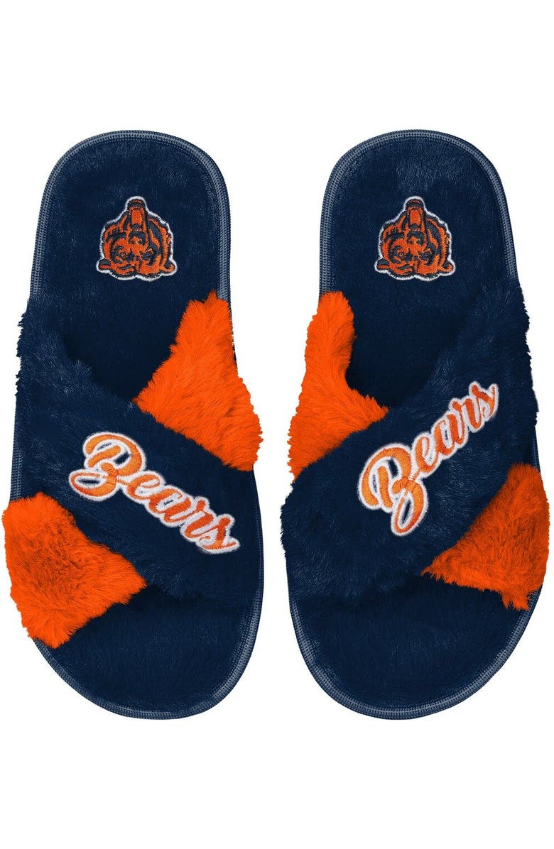 FOCO Women's FOCO Navy Chicago Bears Two-Tone Crossover Faux Fur Slide Slippers, Main, color,