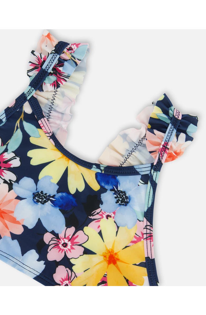 Deux par Deux Little Girl's Printed Two-Piece Swimsuit Navy And Yellow And Pink Flowers, Alternate, color, 