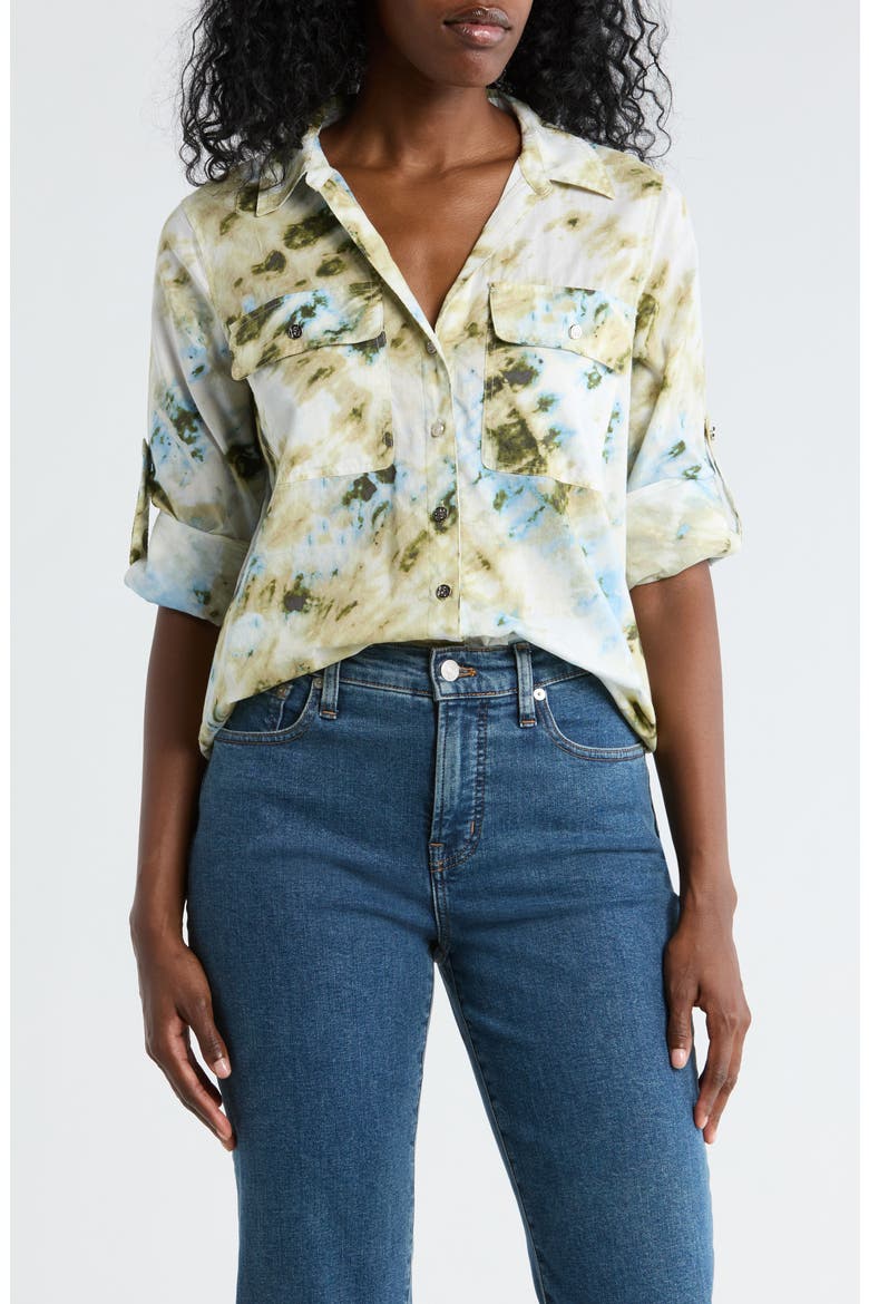 Abstract Print Roll Sleeve Button-Up Shirt, Main, color, SAGE/ SKY MULTI