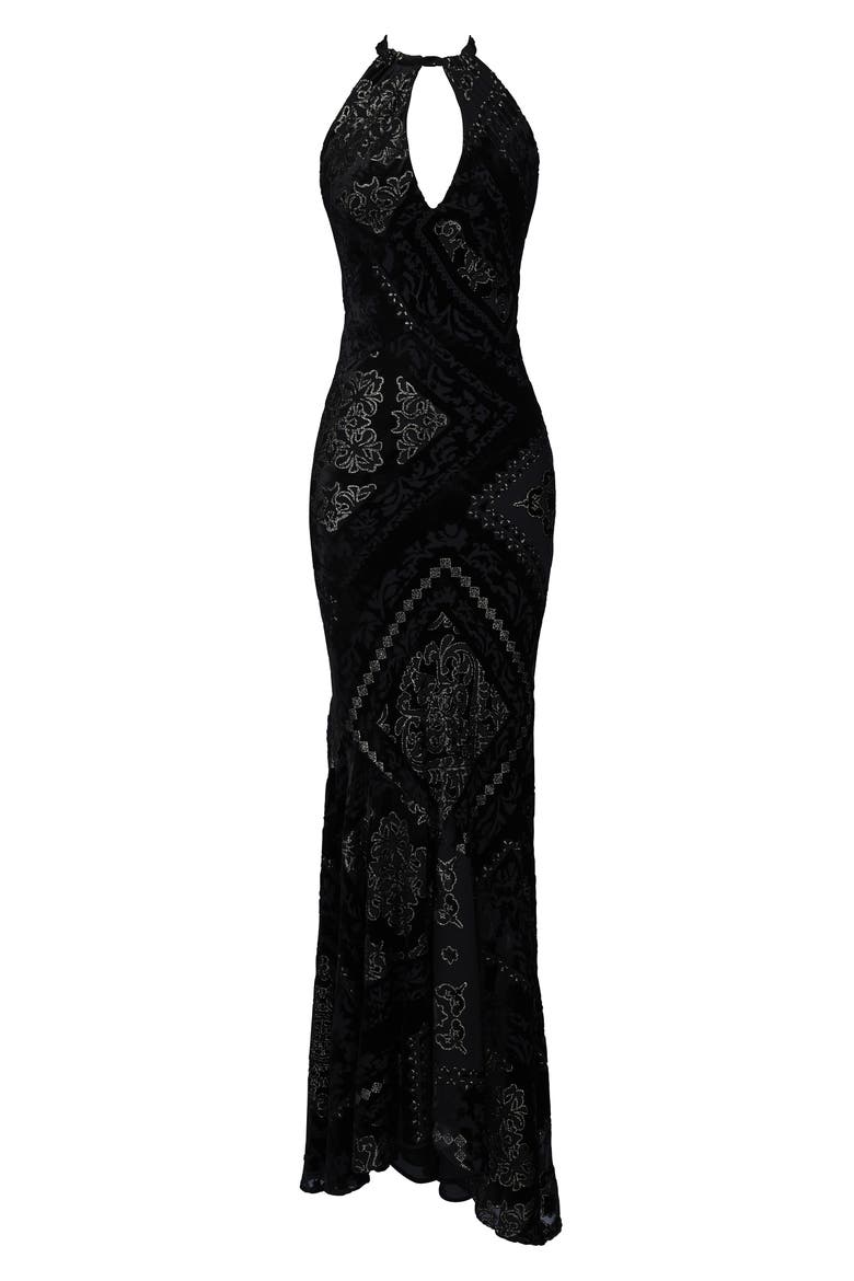 Oliviana Cutout Foil Devoré Halter Gown, Alternate, color, BLACK GOLD