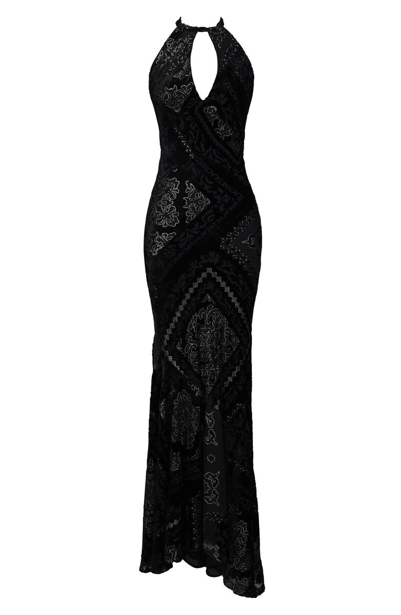 HOUSE OF CB Oliviana Cutout Foil Devoré Halter Gown, Alternate, color, Black Gold