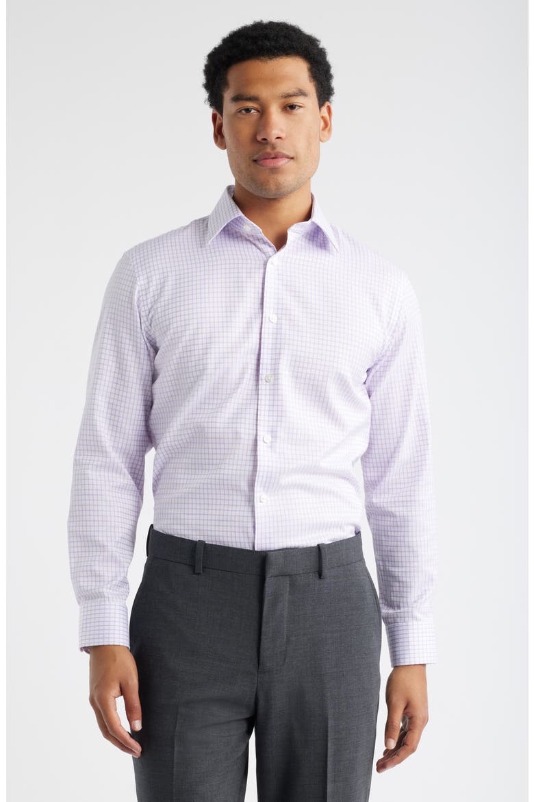 Trim Fit Grid Dress Shirt, Main, color, WHITE- PURPLE TWILL GRID
