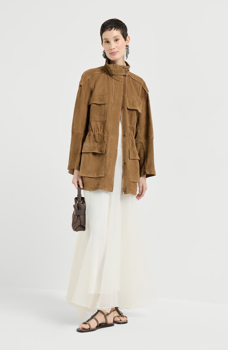 Brunello Cucinelli Couture suede safari jacket, Alternate, color, Brown