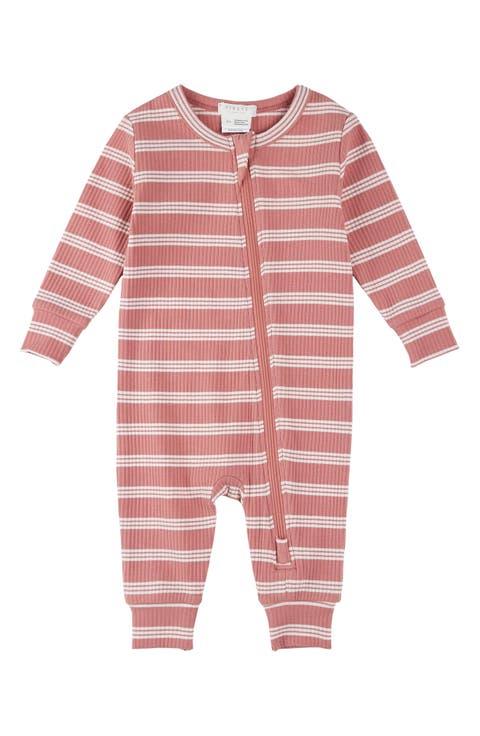 Bubblegum Stripe Rib Fitted One-Piece Zip Pajamas