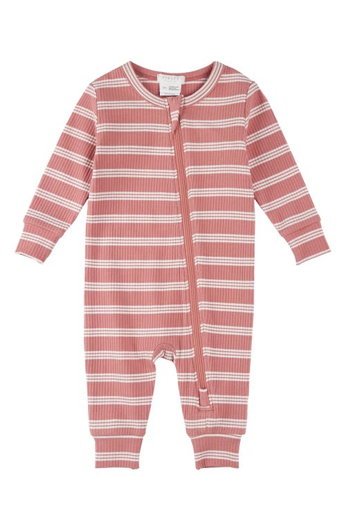 Firsts By Petit Lem Bubblegum Stripe Rib Fitted One-piece Zip Pajamas In Pink