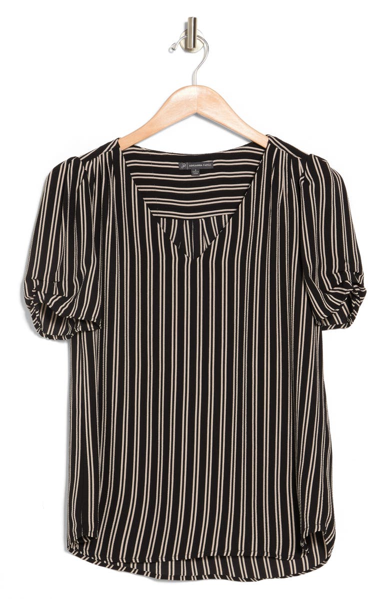 Adrianna Papell Printed V-Neck Ruched Sleeve Pebble Crepe Top, Alternate, color, 